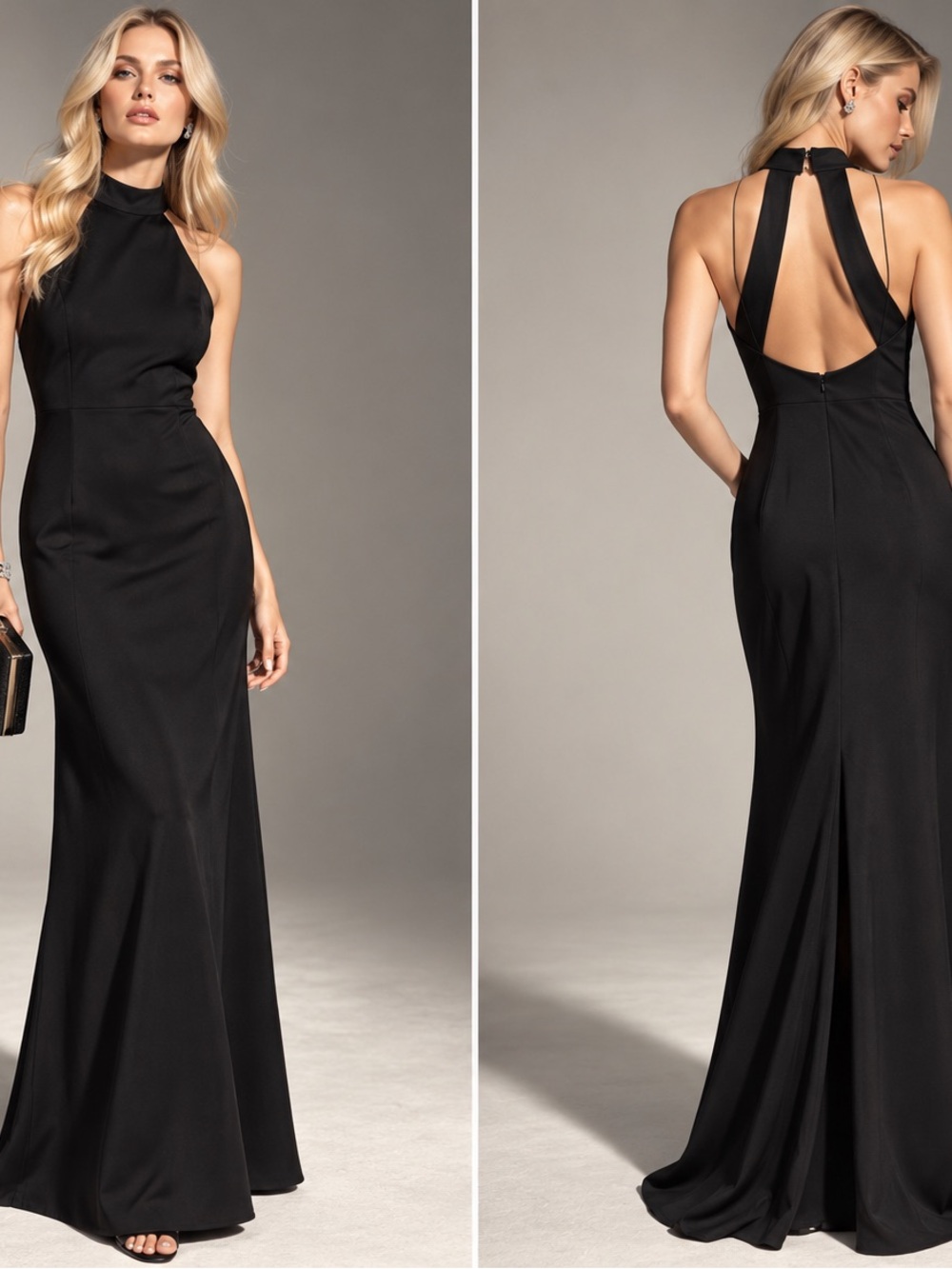Posh Couture Black Halter Backless Evening Dress